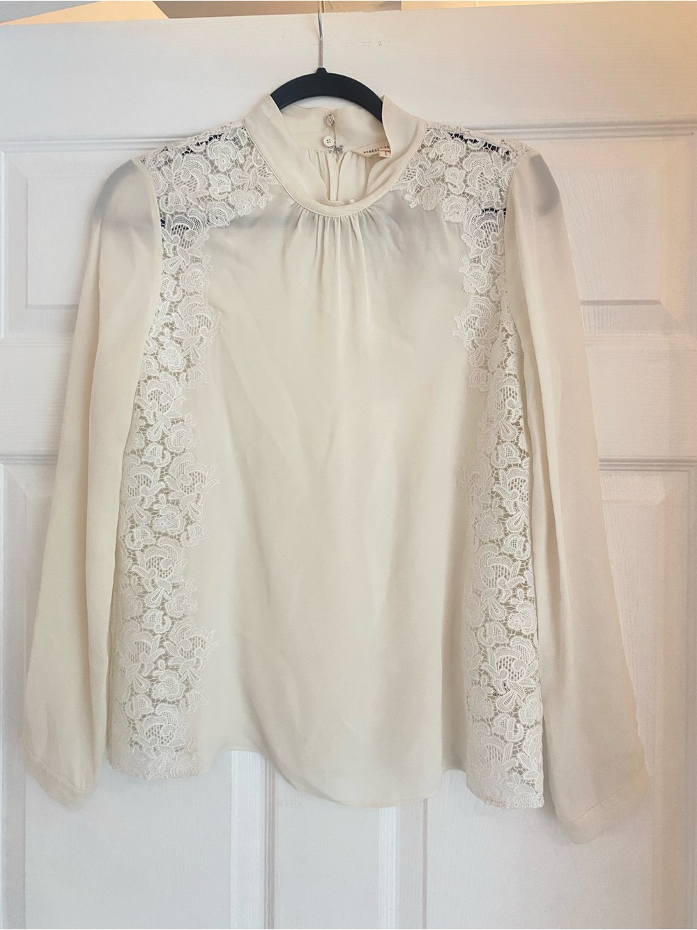Rebecca Taylor White Ivory Silk Lace-Trim Long-Sleeve Blouse